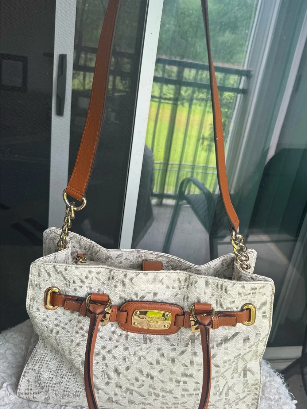 Michael Kors Beige Logo Satchel with Brown Leather Trim